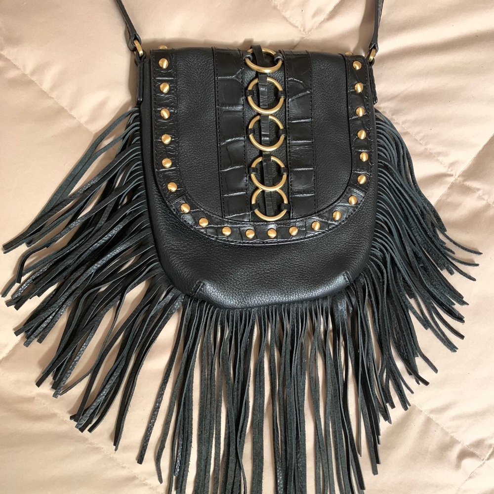 Donna Karan Bobbi black leather fringe purse